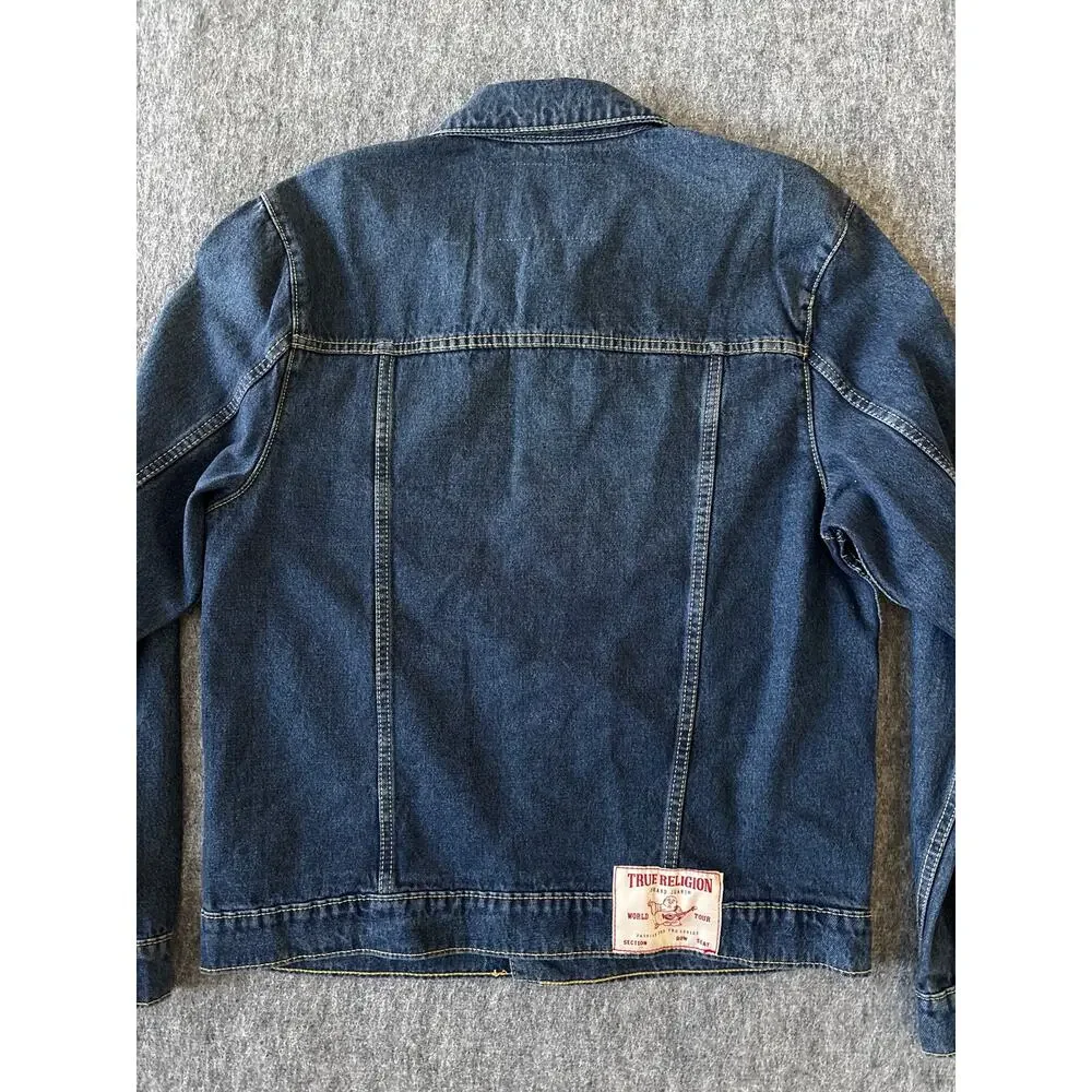 True Religion World Tour Jimmy Super T Blue Jean Jacket Mens Sz M Dark Wash Blue